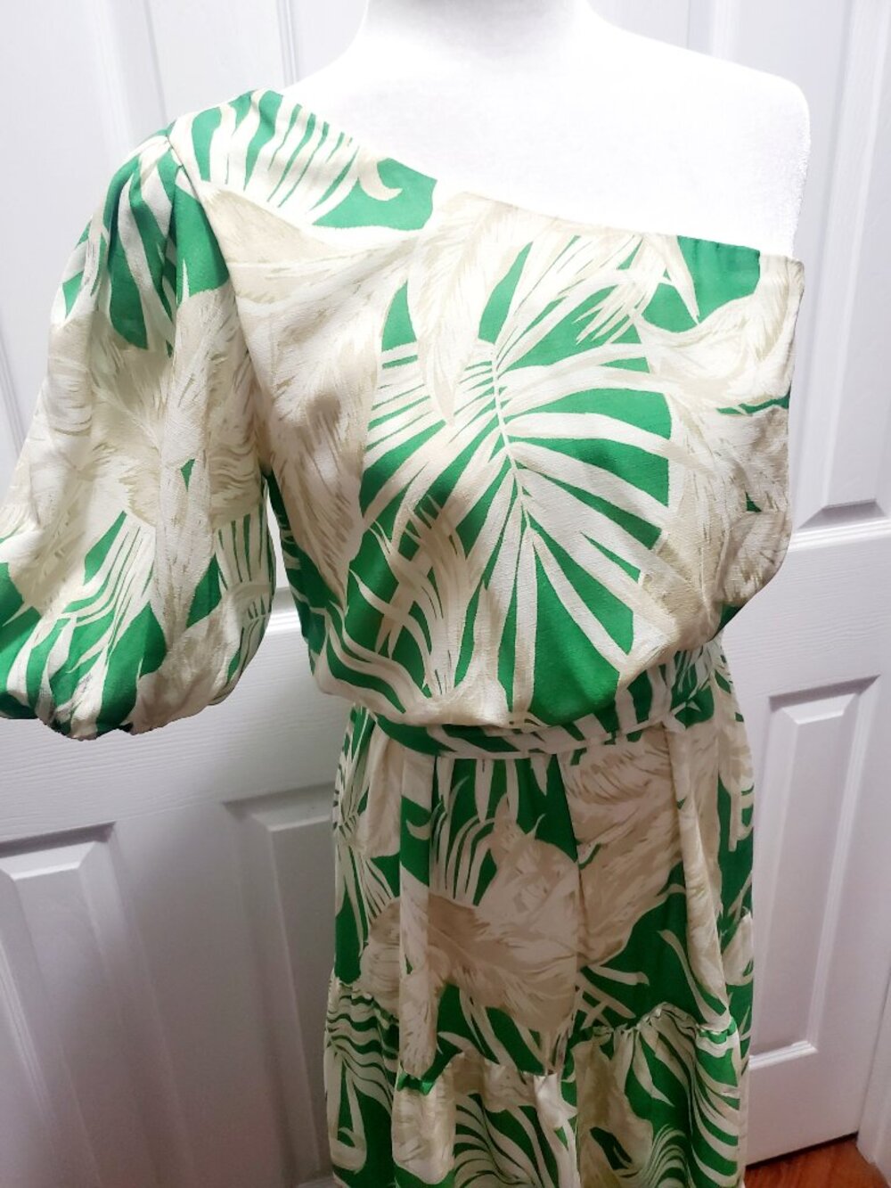 AURA One Shoulder Tropical Maxi Dress Green Palm Print Resort Size M Hawaiian - Picture 13 of 13